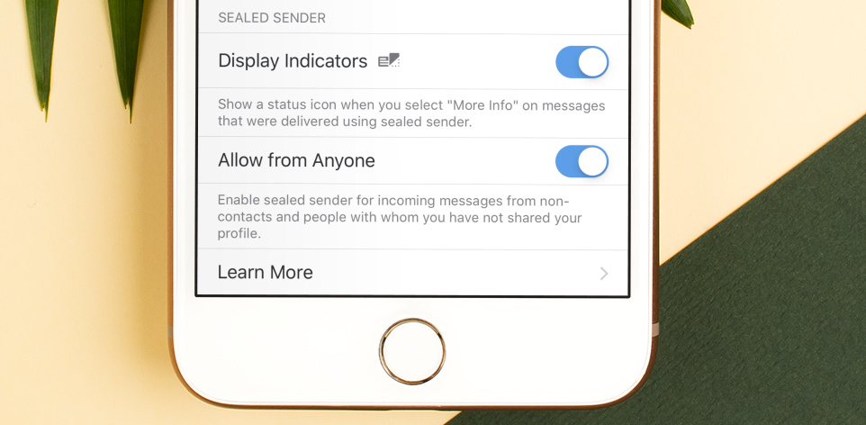 Settings screen for Sealed Sender