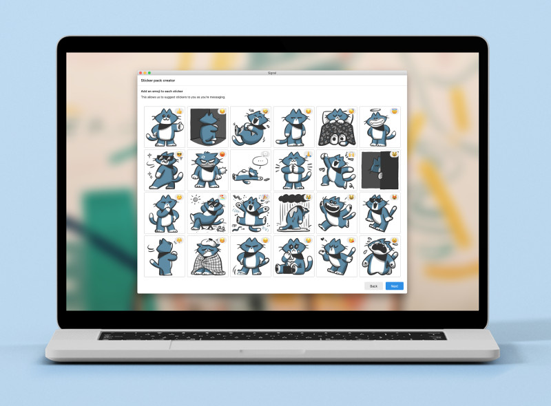 The Signal Desktop sticker creator displaying the emoji selection step.